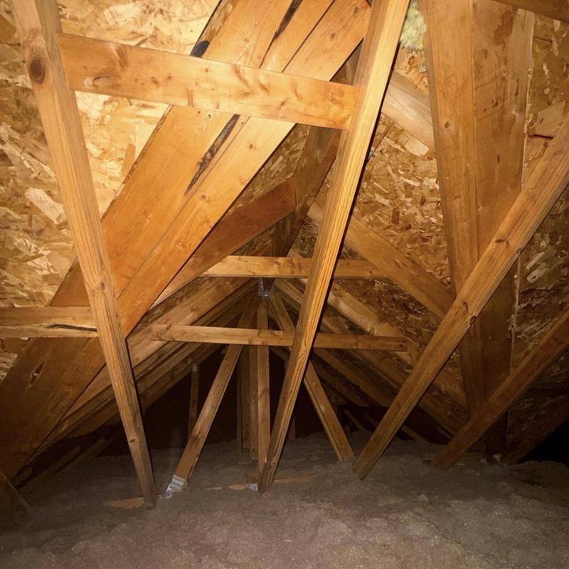 Attic structure and insulation with wooden roof framing Attic structure and insulation with wooden roof framing