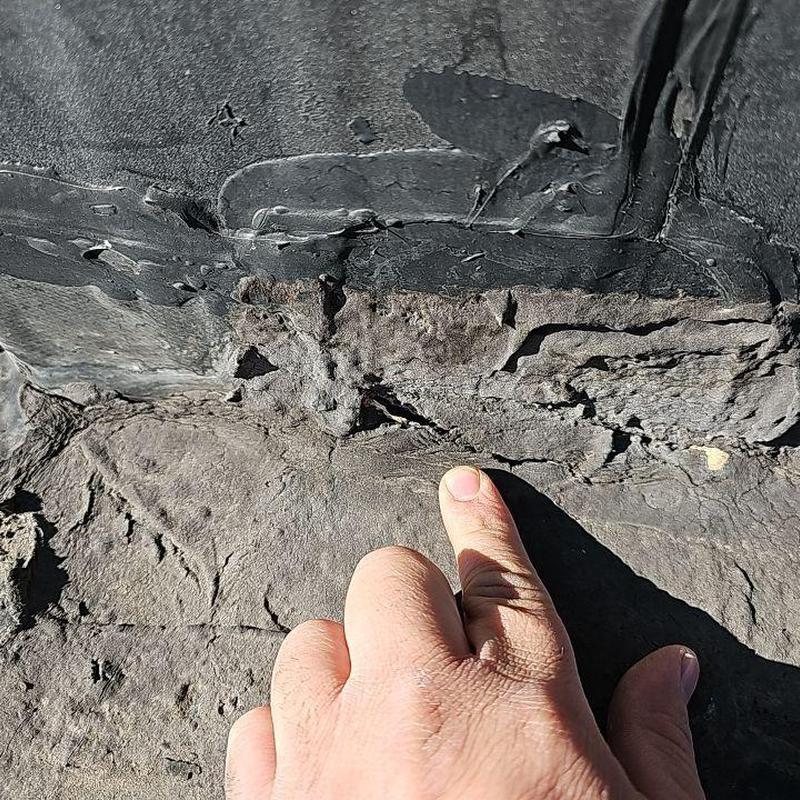 Flat roof membrane damage with visible cracks and peeling Flat roof membrane damage with visible cracks and peeling