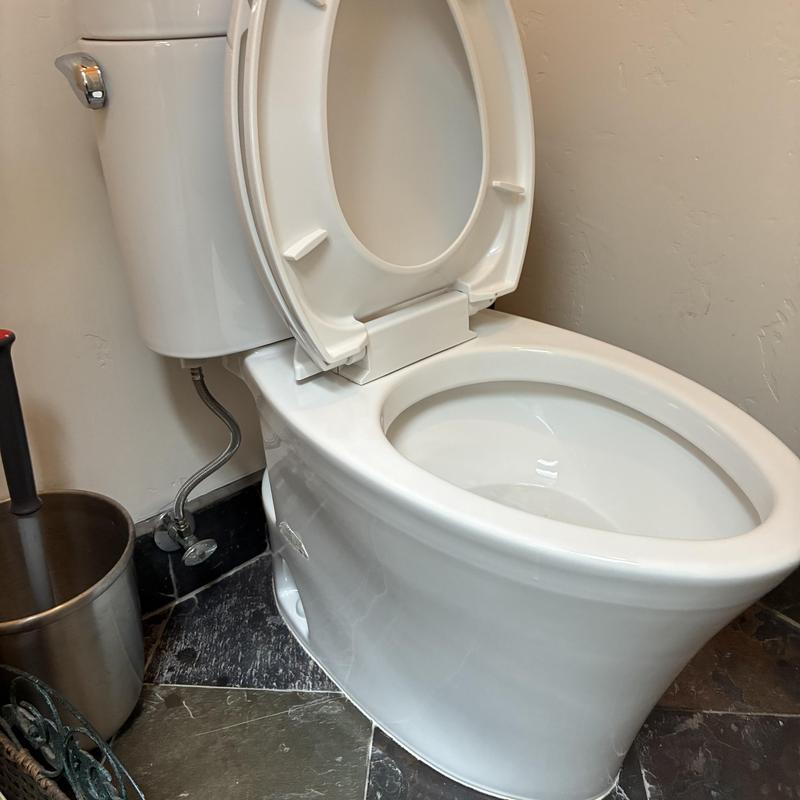 Toilet bowl and tank with open lid in bathroom