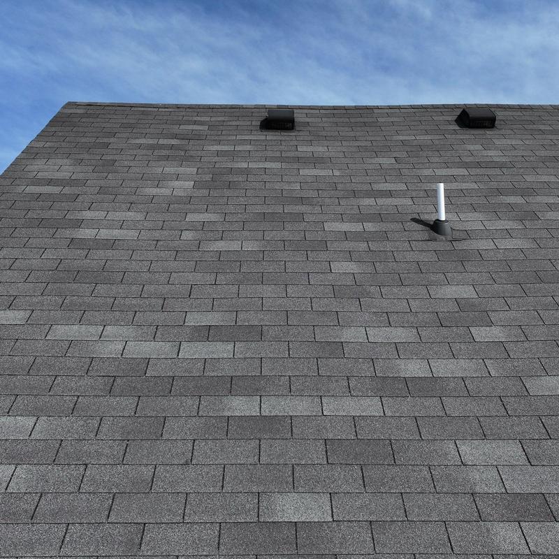 Asphalt shingle roof with ventilation and pipe flashing