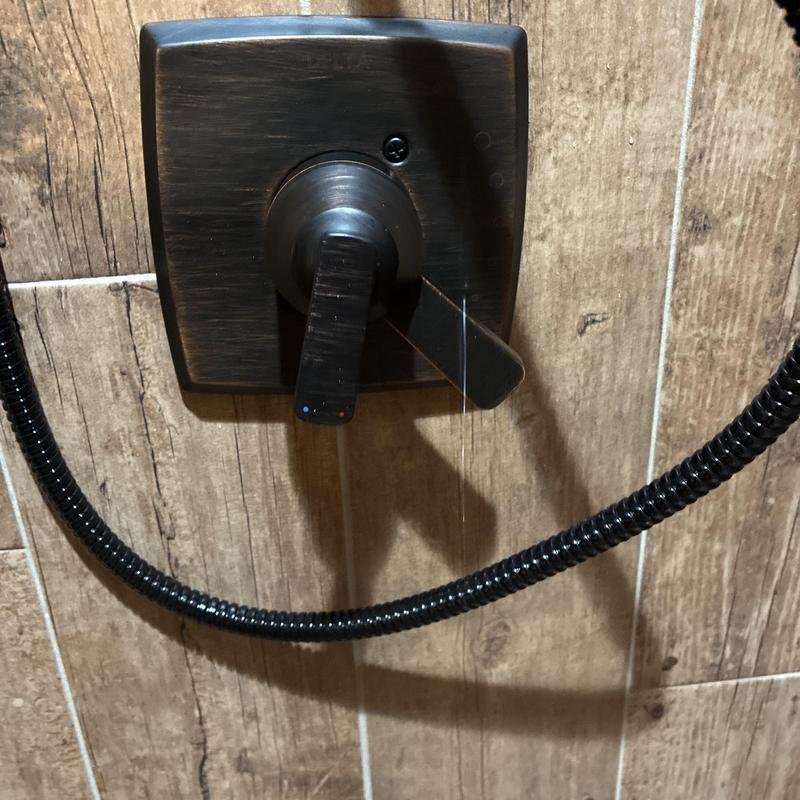 Delta shower valve handle with hose on wood tile wall