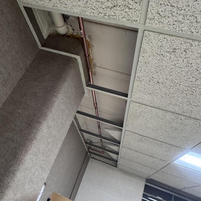 Copper plumbing pipe rerouted above ceiling tiles