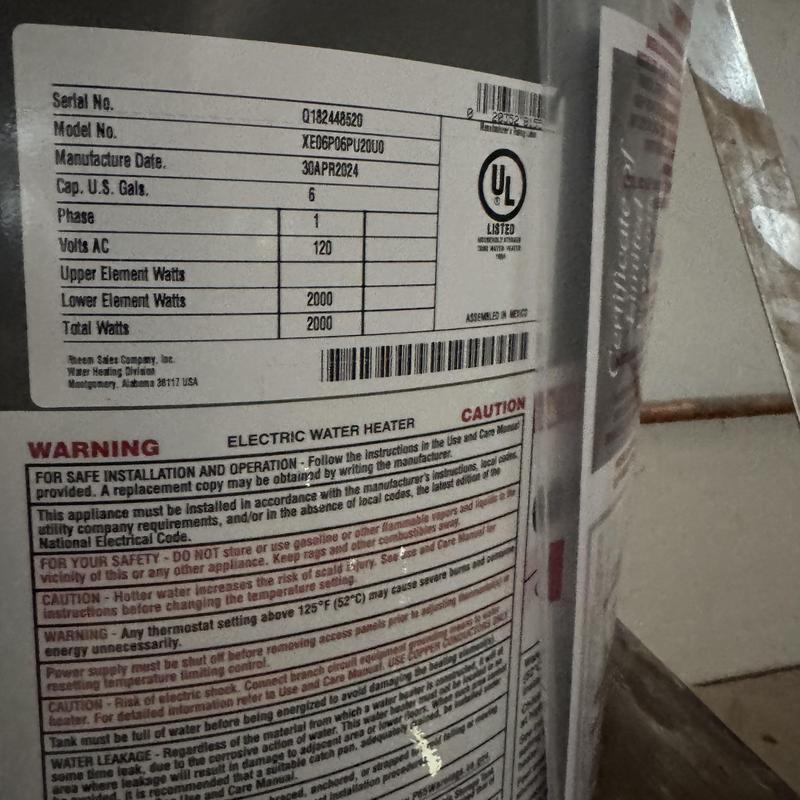 5 gallon electric water heater label and warning
