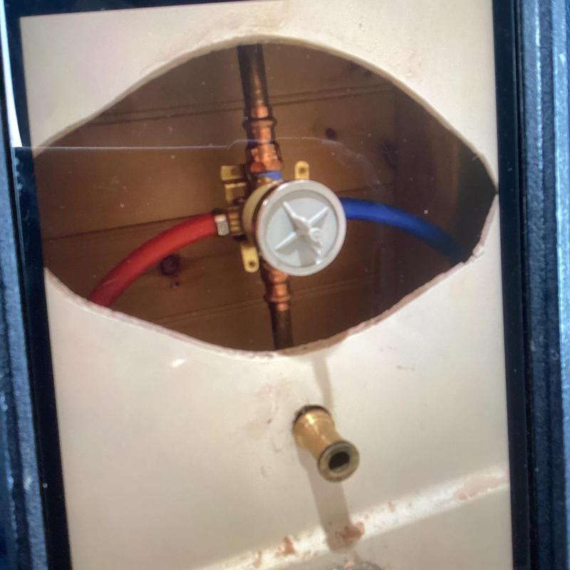 Guest shower valve with hot and cold water lines inside wall panel