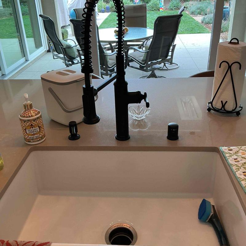 Kitchen faucet with pull-down sprayer and soap dispenser