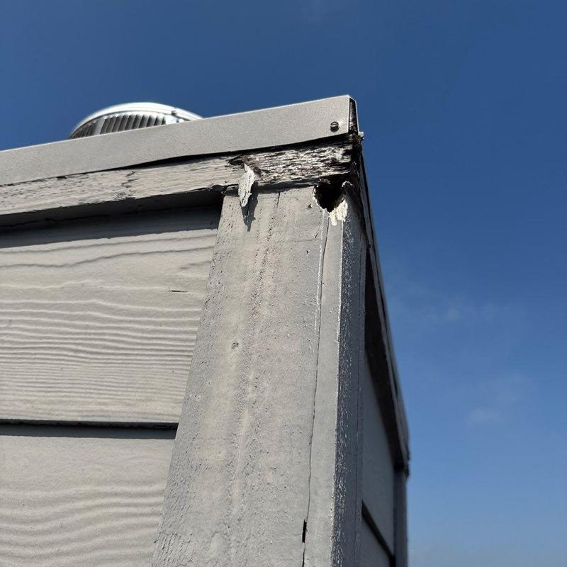 Chimney chase wood trim and siding damage close-up Chimney chase wood trim and siding damage close-up