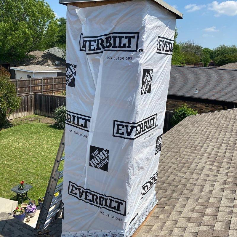 Chimney chase vapor barrier and flashing wrap installation Chimney chase vapor barrier and flashing wrap installation