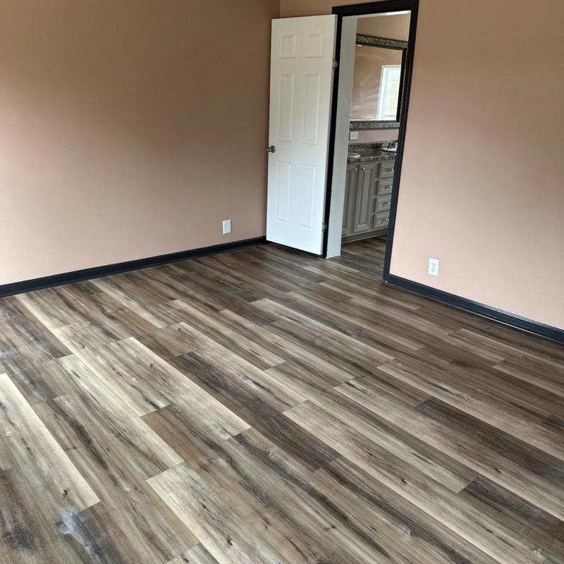 Wood-look vinyl flooring with black trim and open door Wood-look vinyl flooring with black trim and open door
