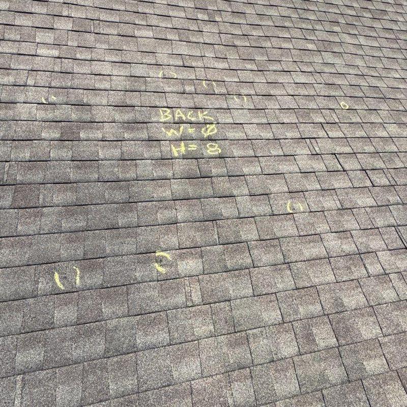 Asphalt shingle roof with hail damage markings