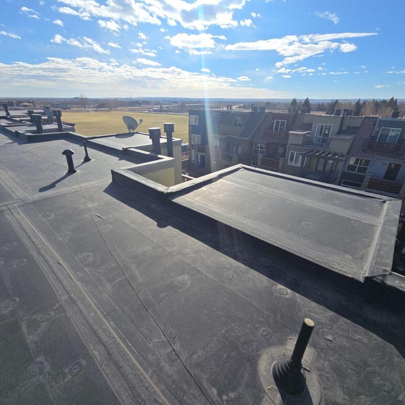 EPDM flat roof with vents and surrounding buildings EPDM flat roof with vents and surrounding buildings
