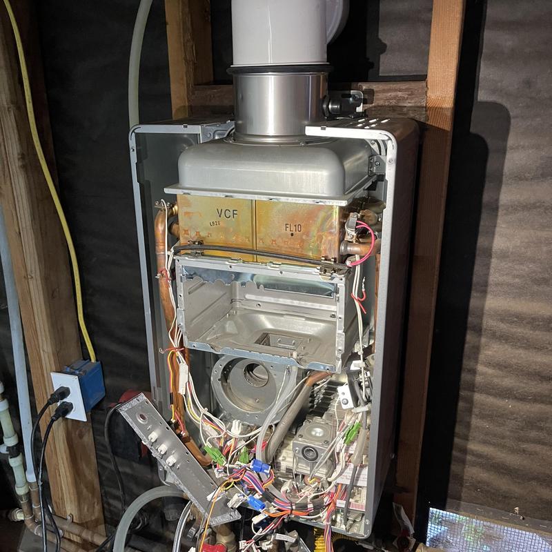 Rinnai tankless water heater burner cleaning and fan motor replacement