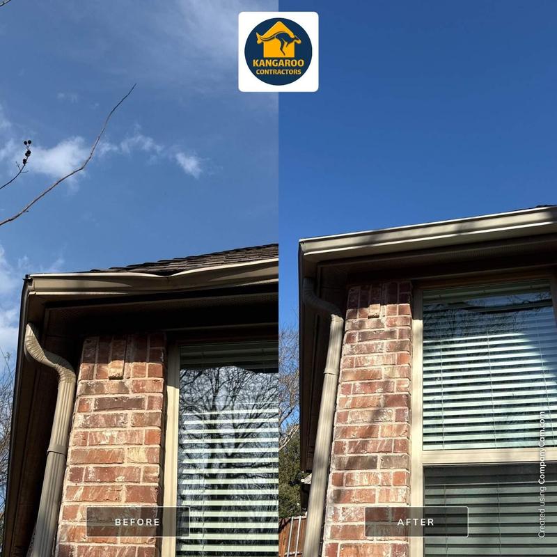 Gutter system bent by storm branches before and after repair