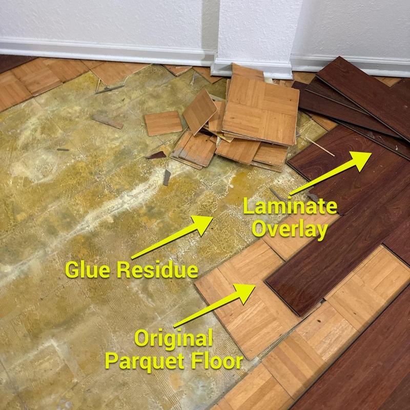Parquet and laminate overlay floor removal with glue residue