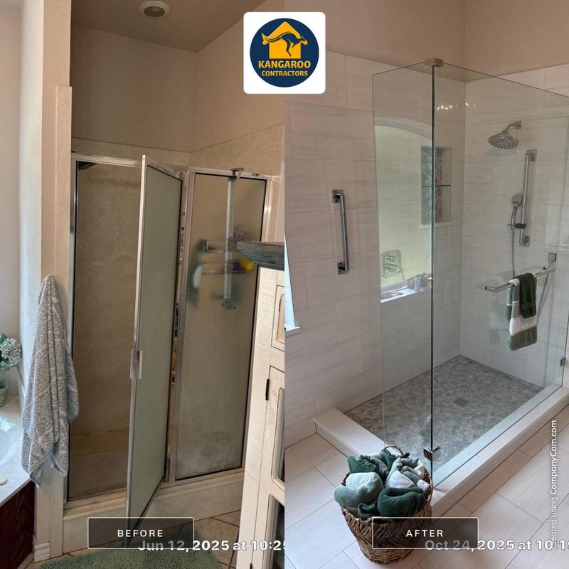 Frameless glass shower enclosure with tile walls Frameless glass shower enclosure with tile walls