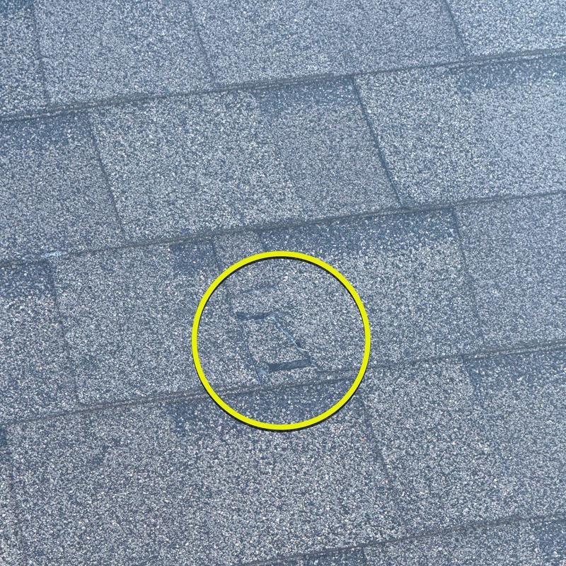 Asphalt shingle with hail damage marked on roof