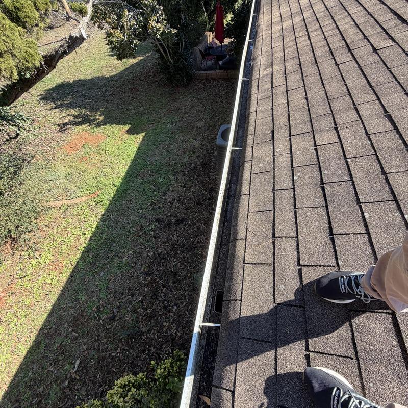 Gutter system cleared of debris on shingled roof