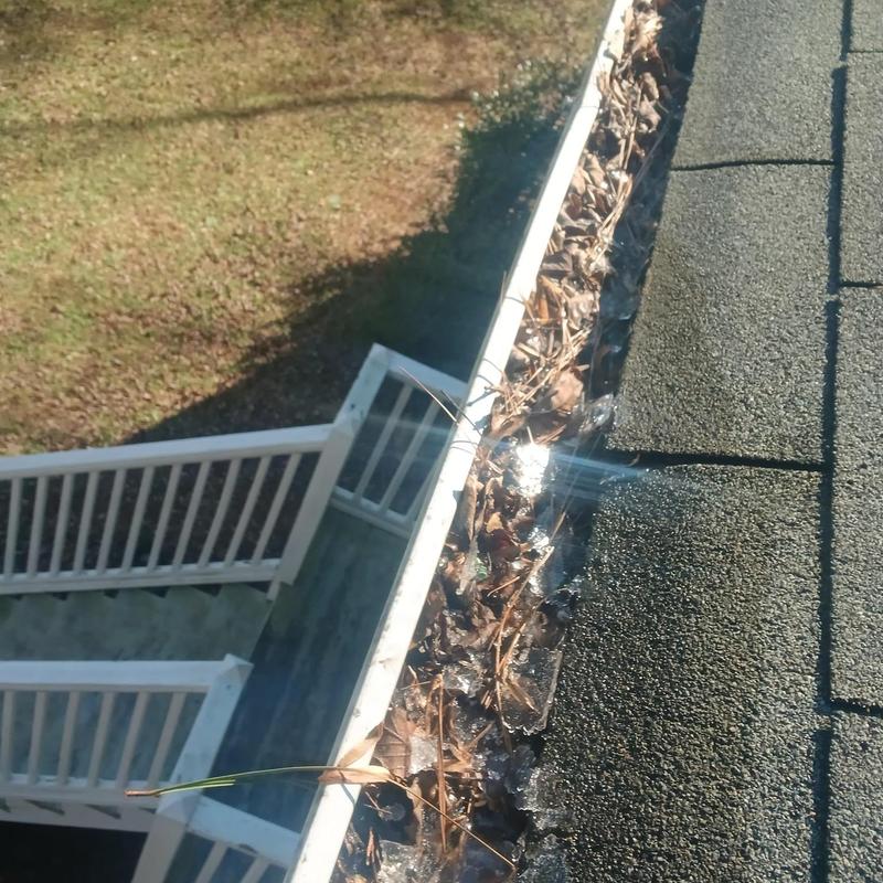 Gutter filled with leaves and debris on shingled roof edge
