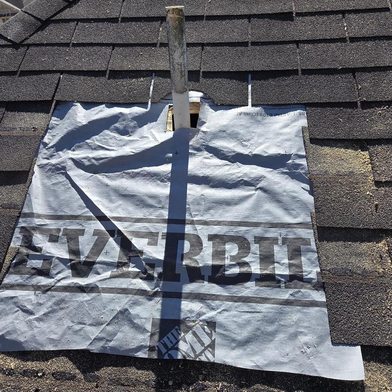 Roof pipe boot area with exposed decking and underlayment