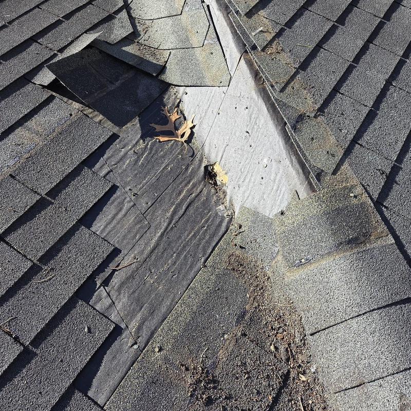Roof shingles with damaged underlayment and debris