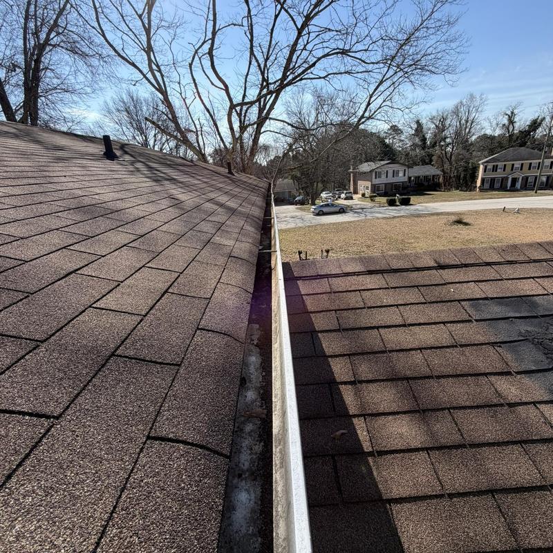 Gutter cleaned and cleared on asphalt shingle roof