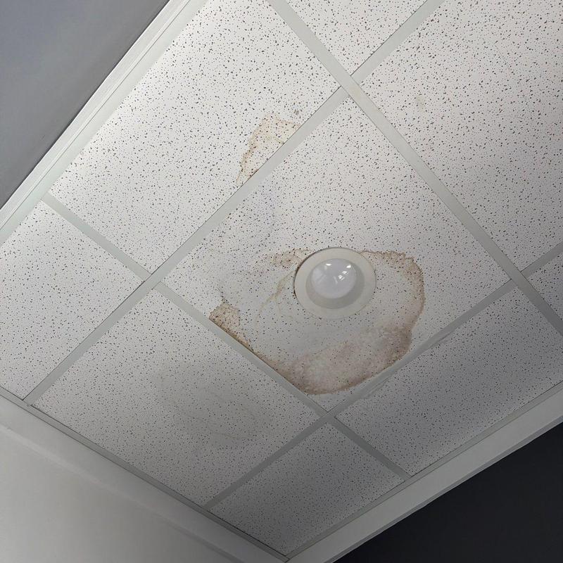 Ceiling tile with water damage around light fixture