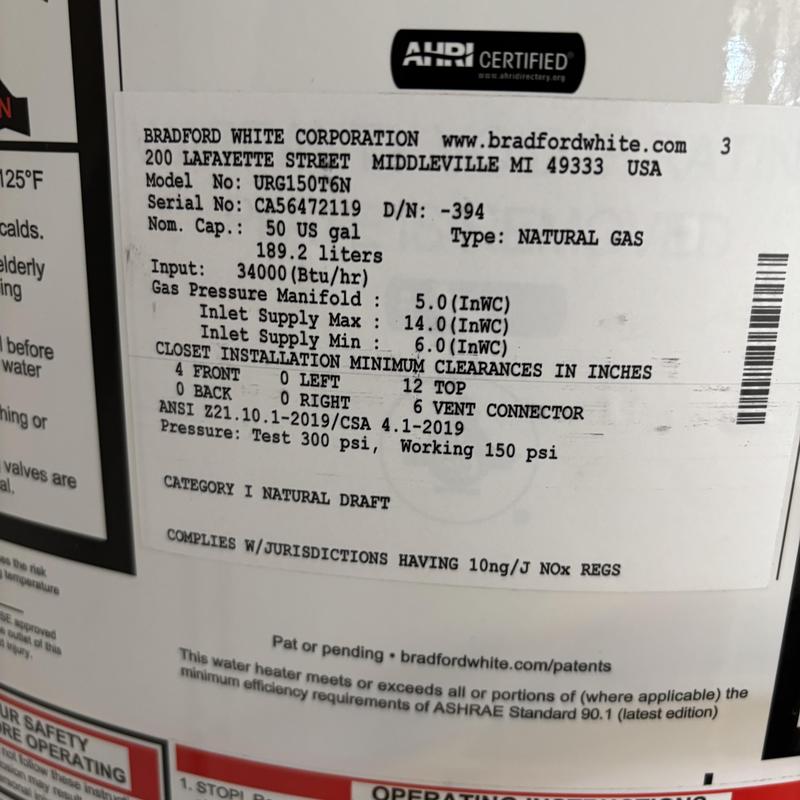 Bradford White 50 gal natural gas water heater label