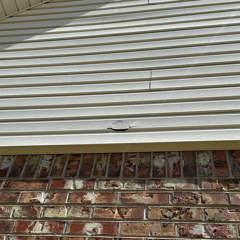 Vinyl siding with puncture damage above brick wall