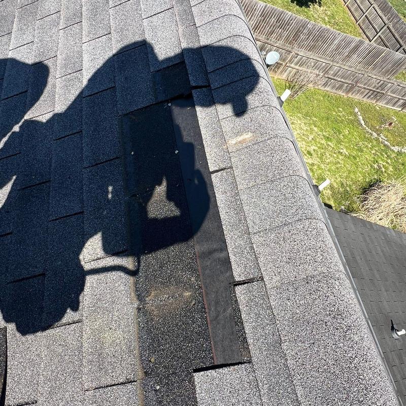 Roof ridge shingles with hail damage under inspection