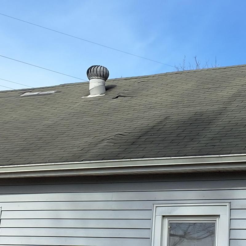 Asphalt shingle roof with lifted and damaged shingles