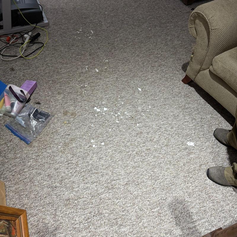 Carpet with scattered debris and household items nearby