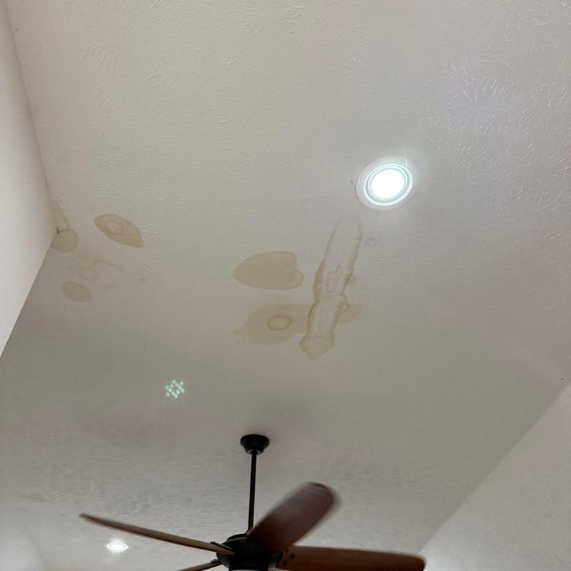 Ceiling plaster water stains and damage near lights