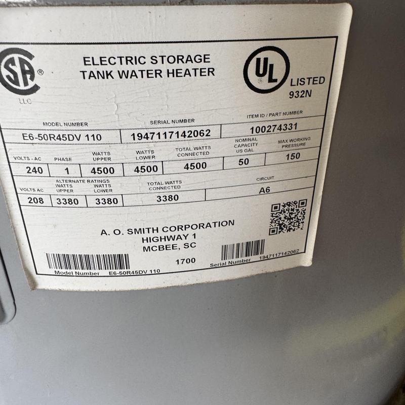 Electric storage tank water heater label with specs