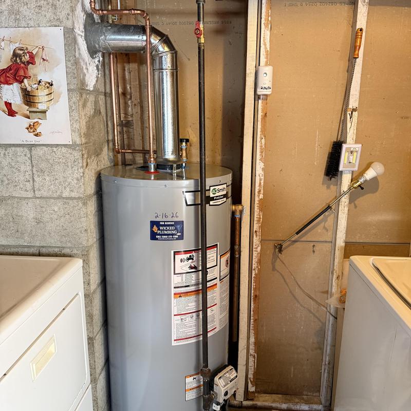 Water heater with venting and plumbing pipes in basement Water heater with venting and plumbing pipes in basement
