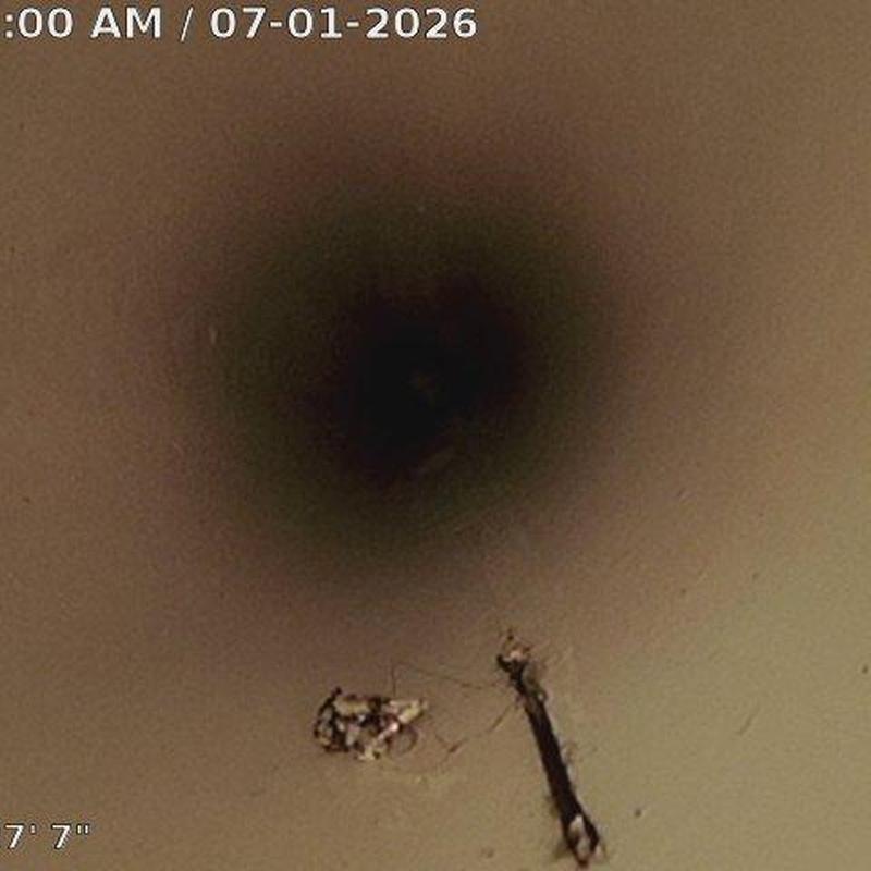 Drainpipe interior with debris during video inspection