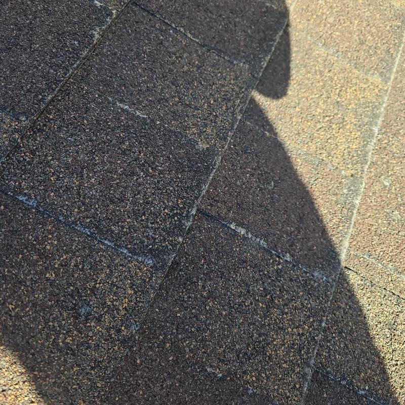 Asphalt roof shingles with surface wear signs Asphalt roof shingles with surface wear signs