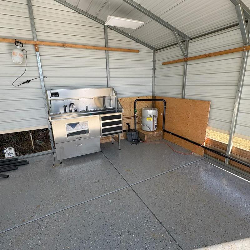 Outdoor dog washing station with water heater and plumbing