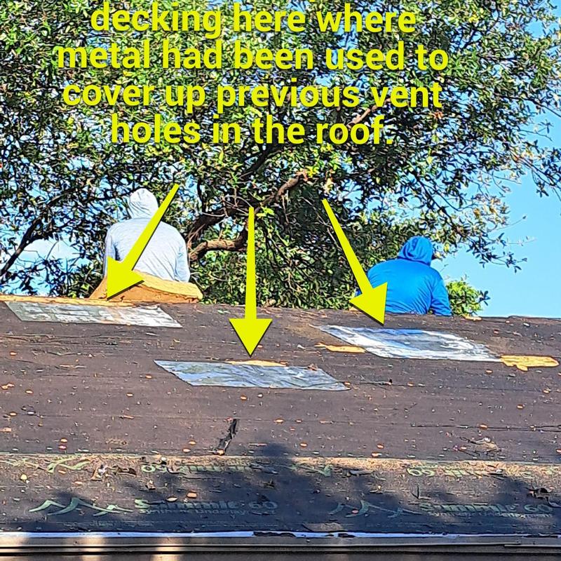 Roof decking with metal patches over old vent holes