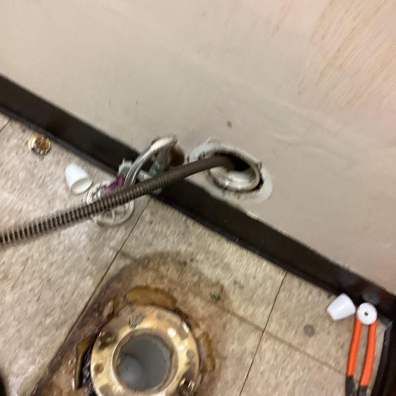 Toilet flange and drain line with plumbing snake inserted