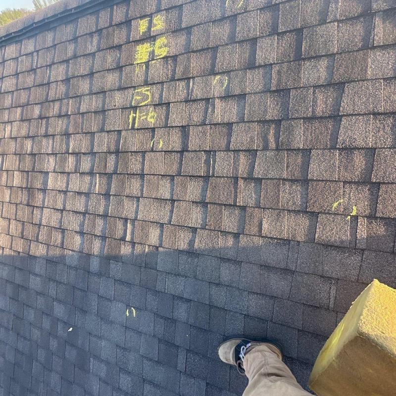 Asphalt roof shingles with hail damage markings