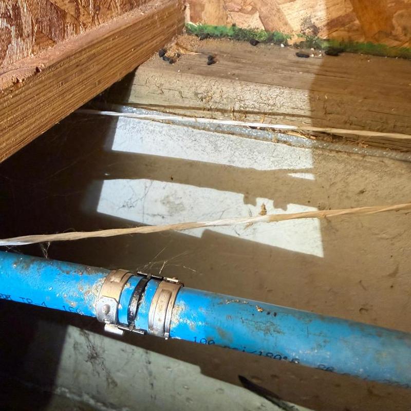 PEX water pipe section with metal clamps in crawlspace