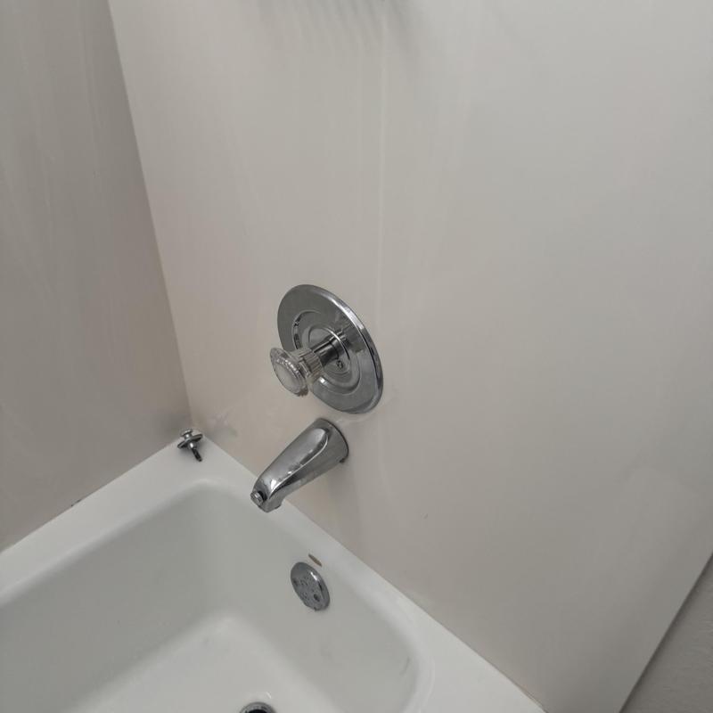 Tub faucet and trim kit in bathroom tub wall