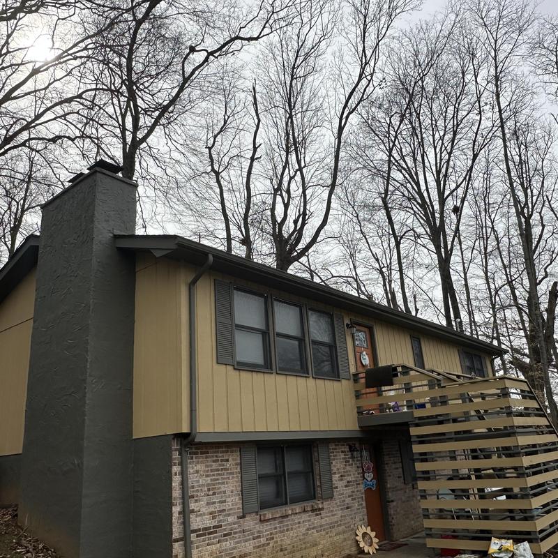 Residential roof with new gutters and siding panels