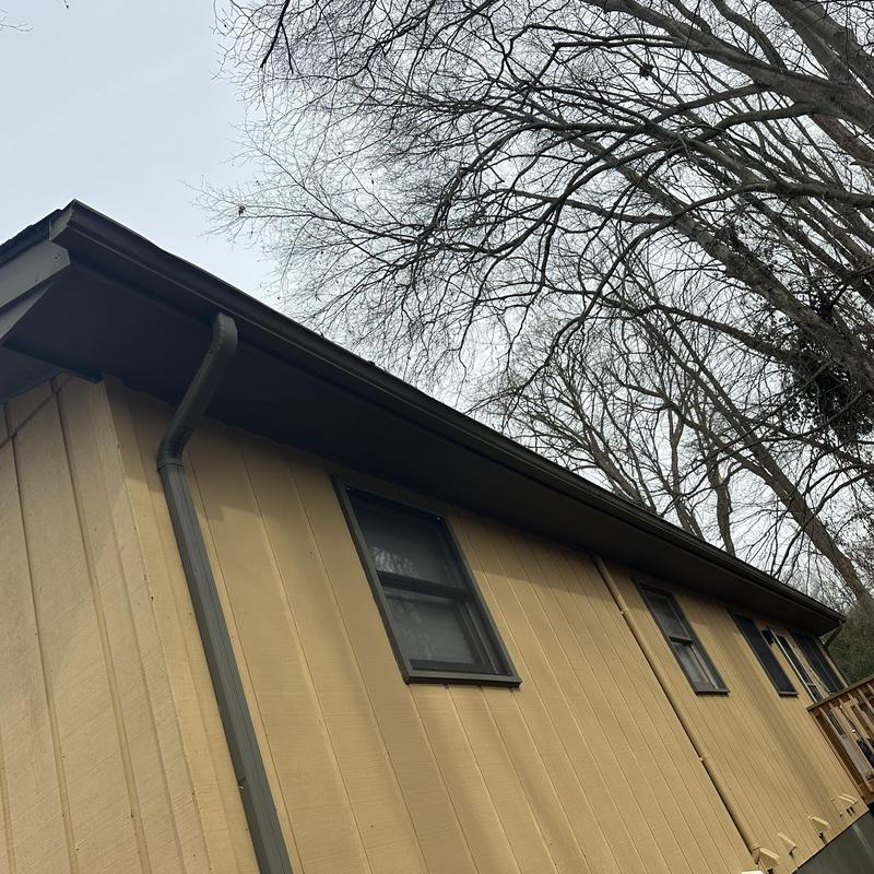 Residential roof with gutters and downspouts