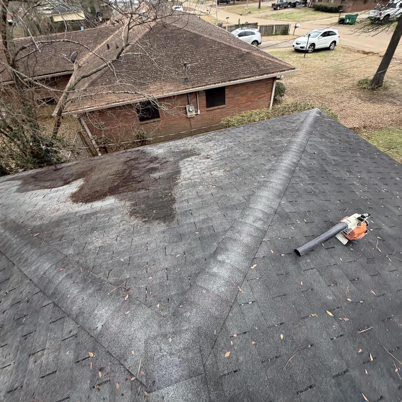 Asphalt shingle roof with dirt stains and leaf blower
