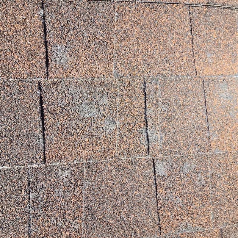 Shingle roof with visible hail damage spots Shingle roof with visible hail damage spots
