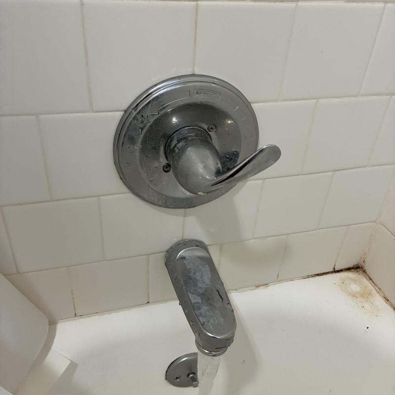 Delta shower valve handle and tub spout in white tile bathroom