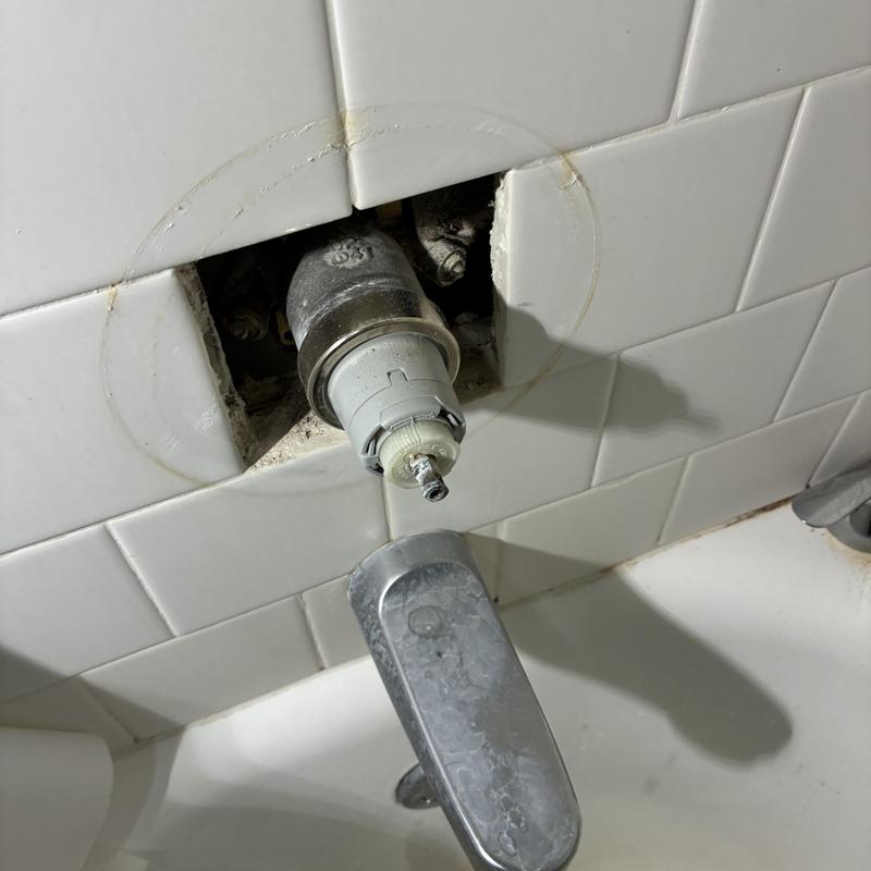 Delta shower valve cartridge exposed during repair
