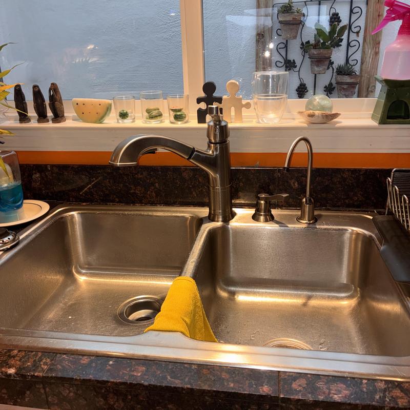 Kitchen faucet with soap dispenser and water filter spout