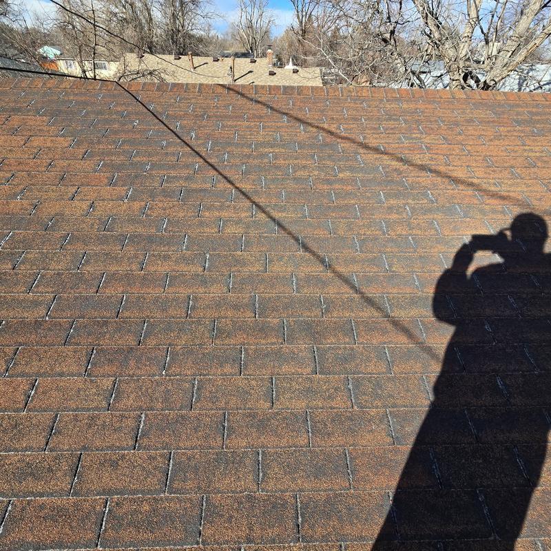 Detached garage asphalt shingle roof with wear signs Detached garage asphalt shingle roof with wear signs