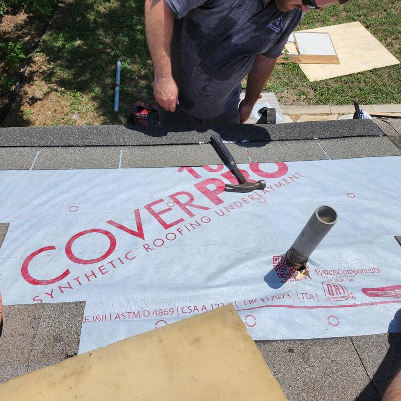 Synthetic roofing underlayment installation with pipe boot